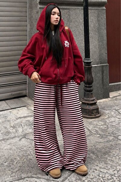 Madmext Bordo Çizgili Bol Paça Kadın Triko Pantolon MG2916