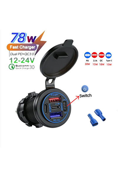 Choice 78W 4Ports 4-Port Car Charger Socket PD30W QC3.0 Fast USB-C Charging P...