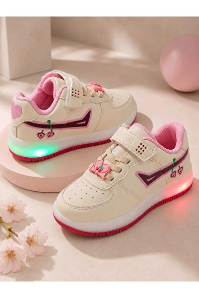 AlbiShoes Çocuk Işıklı Okul Günlük Spor Ayakkabı Kiraz Desenli Cırtlı Kaymaz Taban Rahat Sneaker