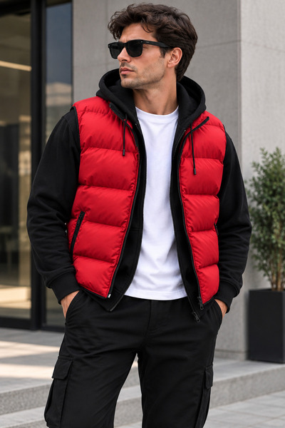 Dik Yaka Şişme Yelek Erkek Oversize Fermuarlı Cepli Spor Günlük Yelek