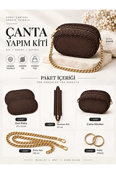 aurellen Çanta Yapım Kiti 27x12 cm Deri Tabanlı – 35cm Fermuar Kiti, 120 cm G...
