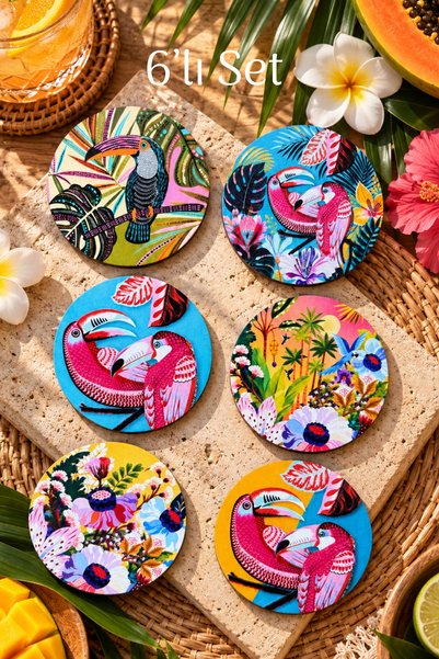 mugbuddy Tropikal Papağan Desenli Dekoratif Bardak Altlığı 6’lı Set – 9 cm, 3...
