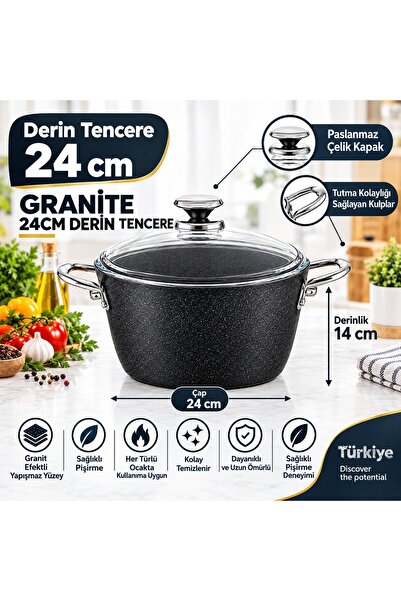 FMS Galaxy Granite Deep Pot 26 cm Metal |   Non-Stick Coating | 4mm |   Durab...