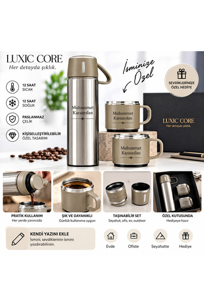 LUXIC CORE Kişiye Özel İsimli Paslanmaz Çelik Termos ve 2’li Bardak Seti – He...