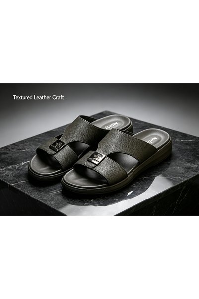 Huanhuan Shoe صنادل رجالية بحزام متقاطع وسطح جلدي، نعل سميك مضاد للانزلاق ومق...