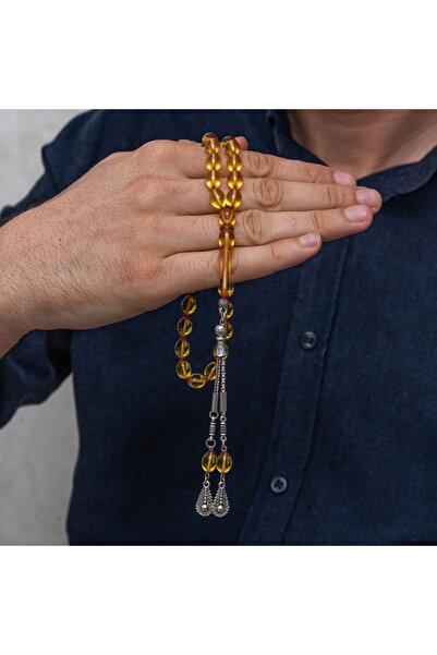 FM 💎   Premium Shiny and Stylish Metal Tassel Honey Yellow Crimped Amber Prayer Beads