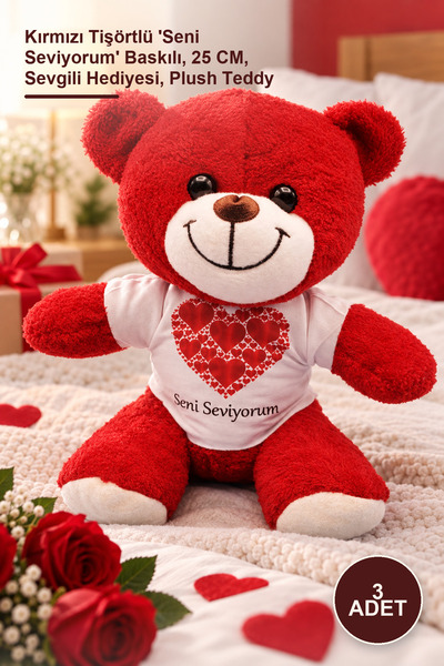 Yenilig 3 Plush Teddy Bears – Red T-Shirt with'I Love You' Print, 25 Cm, Gift...