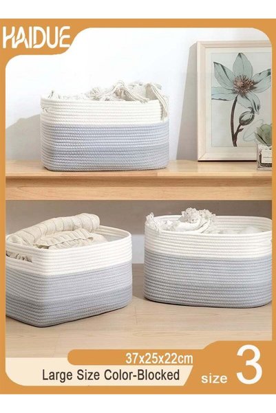 Generic 3 PCS Large Size Color-Blocked Cotton Rope Woven Storage Basket with ...