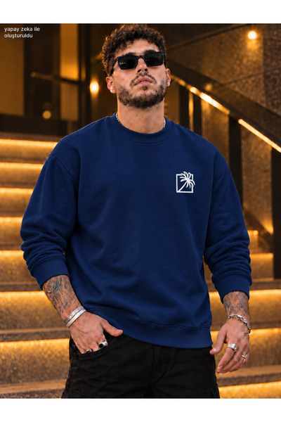 caddekombin Men's Palm Logo Printed Crew Neck Casual Regular Fit Sweatshirt
