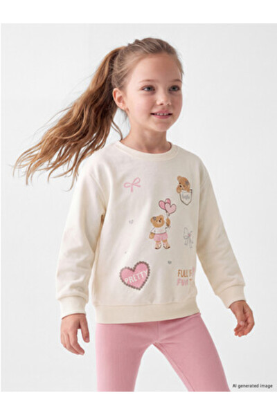 LC Waikiki Ecru Girl's Printed Sweatshirt