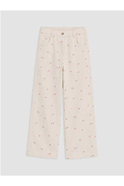 LC Waikiki Ecru Floral Girl's Pants with Elastic Waist