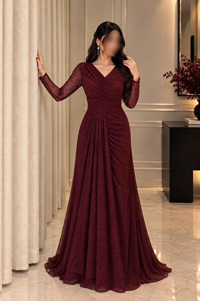 Olivia Style فستان سهرة نسائي عنابي بفتحة صدر على شكل حرف وأكمام طويلة مطرزة ...