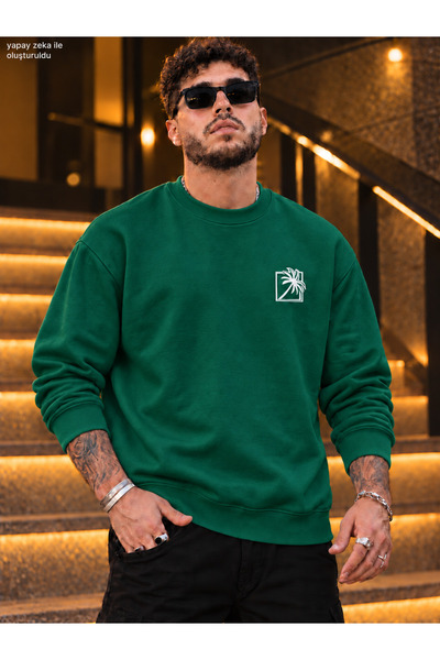 caddekombin Men's Palm Logo Printed Crew Neck Casual Regular Fit Sweatshirt