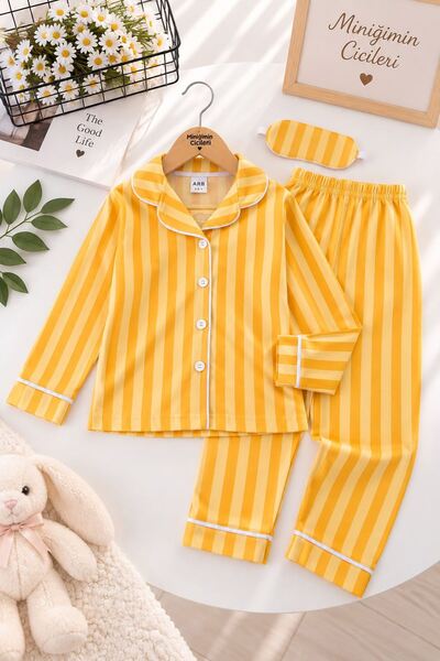 Minigimin Cicileri Stick Pattern Eye Patch Boys' Seasonal Pajama Set - Yellow