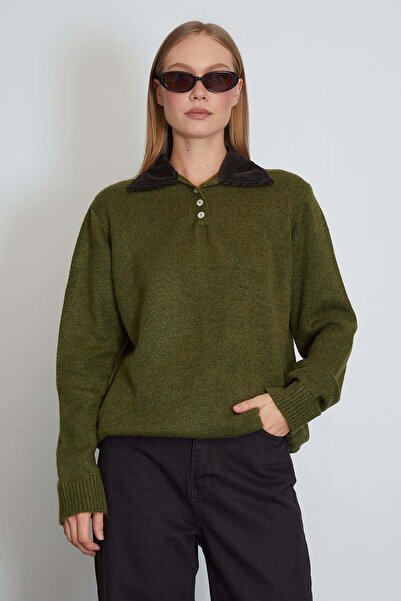 Fulla Moda Kadife Polo Yaka Triko Kazak