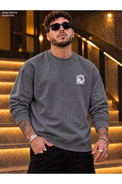 caddekombin Men's Palm Logo Printed Crew Neck Casual Regular Fit Sweatshirt