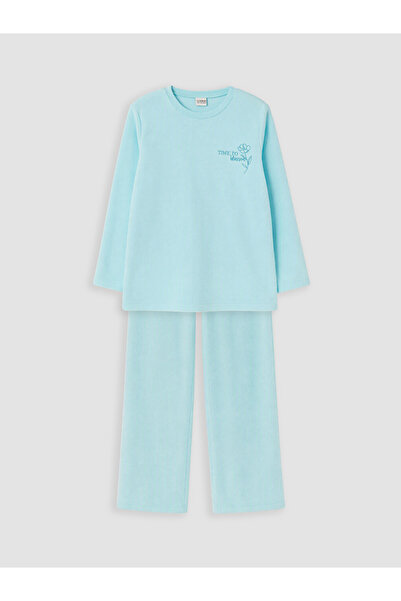 LC Waikiki Özmarka New Season Turquoise Crew Neck Girls' Fleece Pajama Set