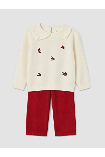 LC Waikiki Nevavm Farkıyla Lcw Baby Ecru Embroidered Baby Girl Knitwear Set