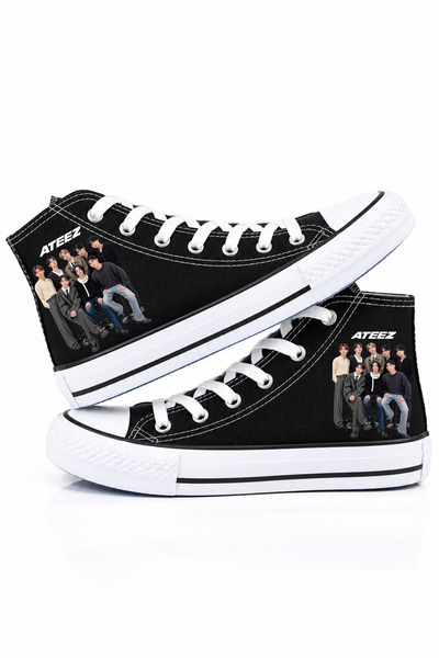 MECH BUTİK Ateez Music Group Printed Black High-Top Linen Sports Shoes Sneaker