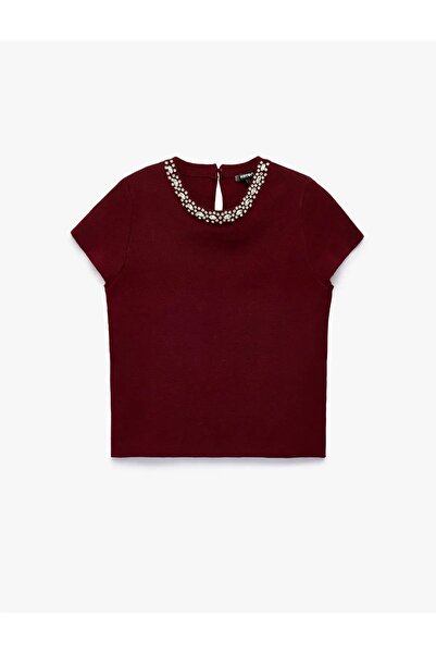Koton Cap Sleeve Stoned Crew Neck Knitwear Blouse 7Wak90575Ht