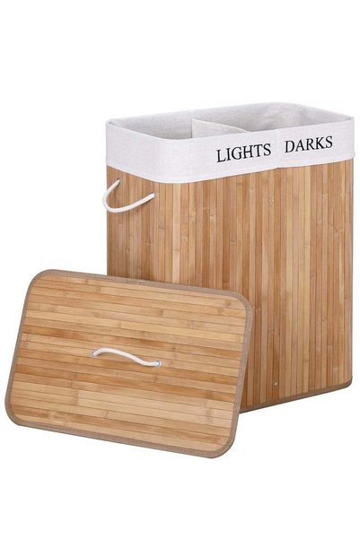 Generic Bamboo Laundry Basket, Double Compartment Hamper with Lid and Removab...