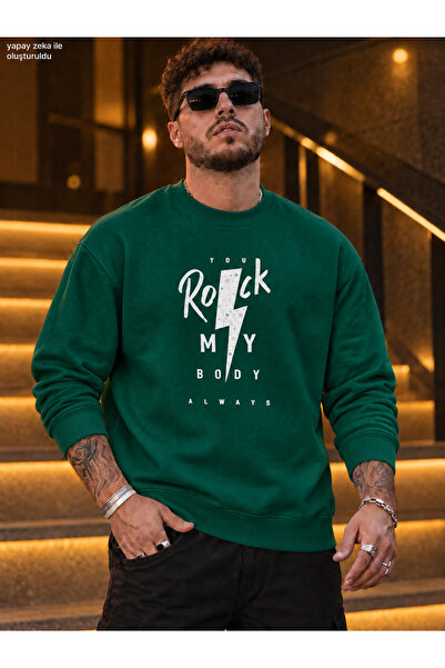 caddekombin Men's Rock My Body Printed Crew Neck Casual Regular Fit Sweatshirt