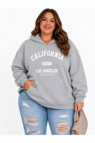 Kadın Büyük Beden 3 İplik Yazı Baskılı Hoodie – Kapüşonlu Rahat Kesim
