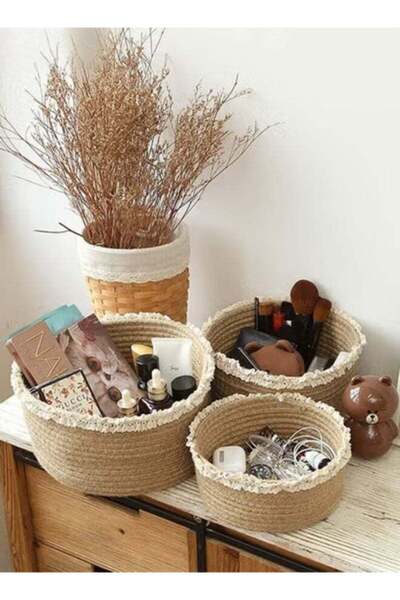 Generic 3-Pieces Weaving Storage Basket,Circular Weaving Basket With Lace Tri...