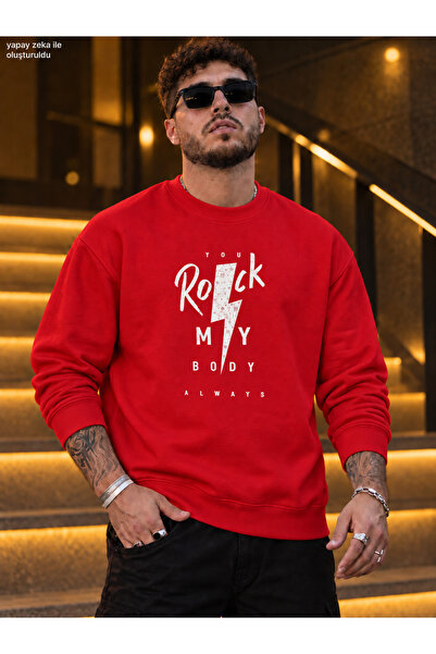 caddekombin Men's Rock My Body Printed Crew Neck Casual Regular Fit Sweatshirt