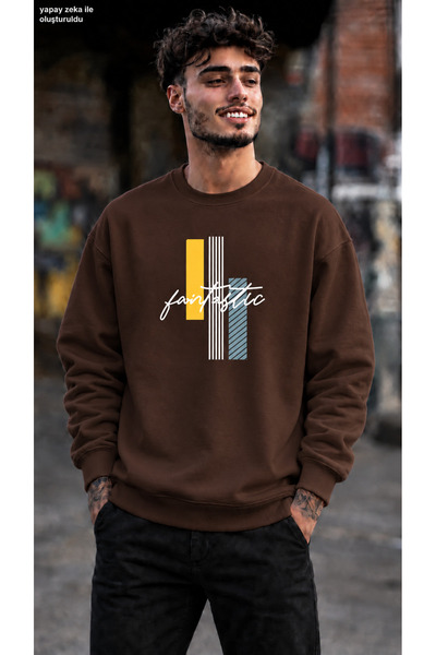 caddekombin Men's Geometric Patterned and Fantastic Written Crew Neck Casual ...