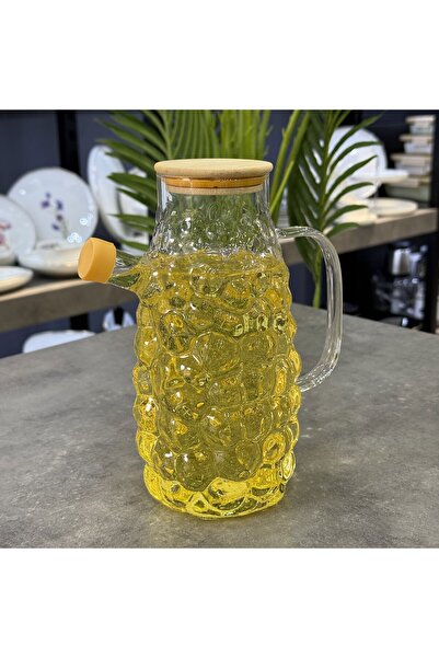 Rayan 1 Litre Bambu Kapaklı Borosilikat Cam Üzüm Model Yağlık & Sirkelik