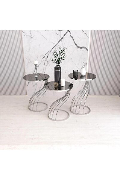 MYDECO Dalga 3'lü Zigon Sehpa Takımı - Krom Metal Ayaklı Füme Ayna Camlı Lüks...