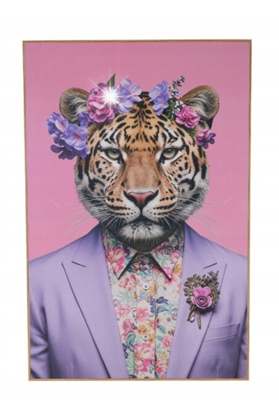 Koopman Tablou mural tigru cu flori, cu ramă din MDF maro, 38x58cm, 1 buc.