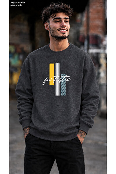 caddekombin Men's Geometric Patterned and Fantastic Written Crew Neck Casual ...