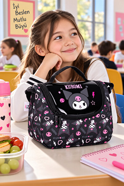 DODOMAR Kuromi Siyah Termoslu Beslenme Çantası Çocuk Okul Yemek Çantası Günlük Kullanım 24x22x14 cm