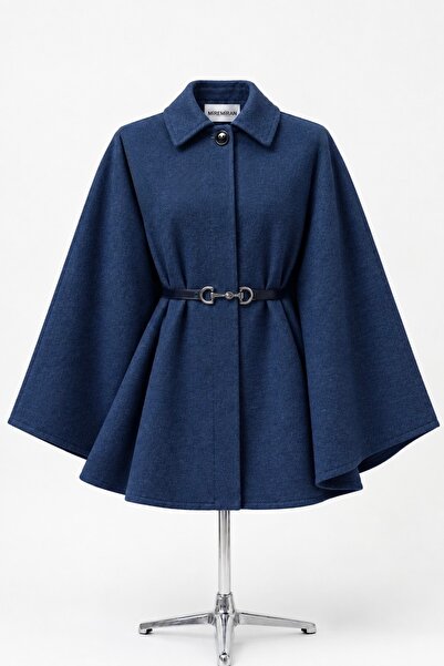 miremiran Poncho with Belt Length 77cm Wool Cloth 2026002 Navy Blue Indigo