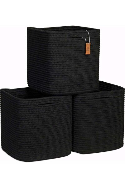 Generic 3 Pack 11 Inch Black Collapsible Cotton Rope Woven Storage Cubes, Squ...