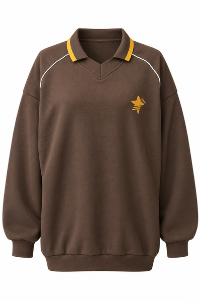 Mixray 2248 Kadın Kolej Stil Polo Yaka Oversize Sweatshirt Kahve