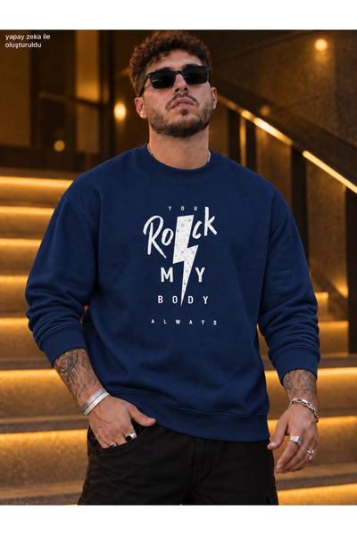 caddekombin Men's Rock My Body Printed Crew Neck Casual Regular Fit Sweatshirt