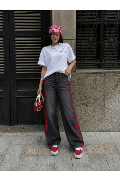 harmony factory Wide Leg Yüksek Bel Füme Yan Kırmızı Şeritli Vintage Yıkamalı Kot Pantolon