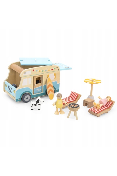 Viga Set de figurine de plajă din lemn, cu mașină și rulotă, extensibil, auto...