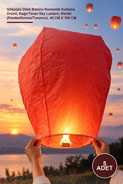 5 Adet Dilek Feneri – Gökyüzü Dilek Balonu Romantik Kutlama Ürünü, Kağıt Fener Sky Lantern, Renkli (Pembe/Kırmızı/Turuncu), 40 CM X 100 CM