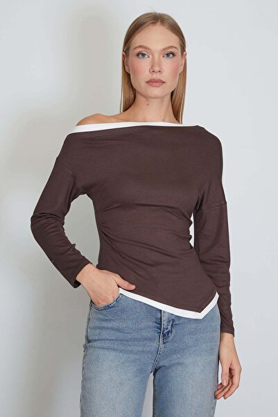 Fulla Moda Garnili Boat Neck Draped Asymmetrical Cut Modal Blouse