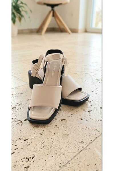 Fara brand Sandale Damă Bej cu Toc Bloc 6 cm și Vârf Pătrat