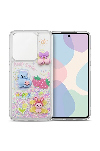 Nezih Case Redmi 15C ile Uyumlu Sıvı Simli Akışkan Kabartma Figürlü Silikon K...