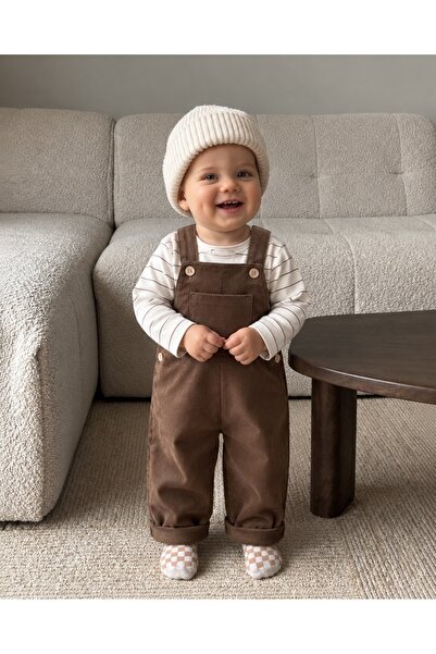 Valia Baby Çizgili Kalın Bodyli Salopetli Premium Erkek Bebek 2’li Takım