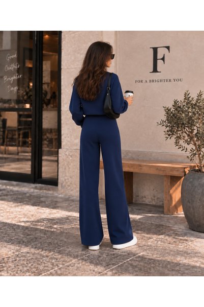 Fioria Women's Navy Blue Ribbed Front Wide Leg Modal Fabric High Waist Gathering Pants Leggings & Oversize Sweatshirt Two-Piece Set