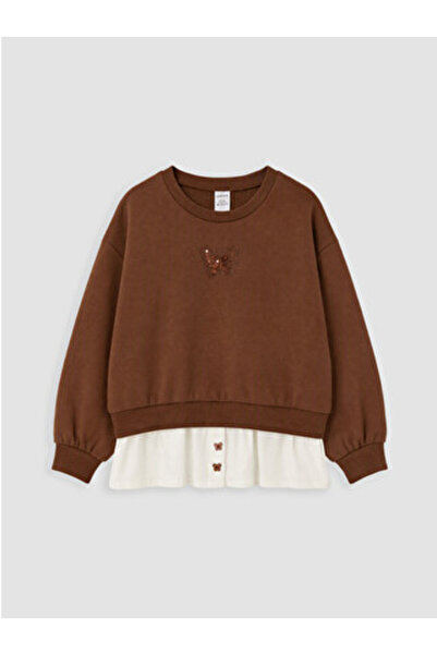 LC Waikiki Brown Sequin Embroidered Girls' Thick Sweatshirt