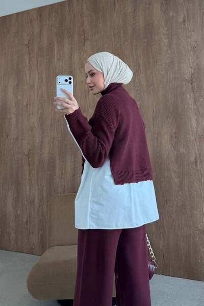 Şule Giyim Frida Shirt Detail Luxury Set Burgundy