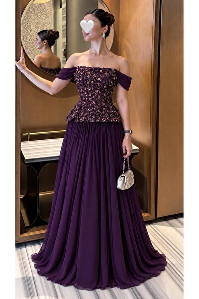 Olivia Style Dark Purple Off Shoulder Full Beaded Top Design with Long Maxi P...